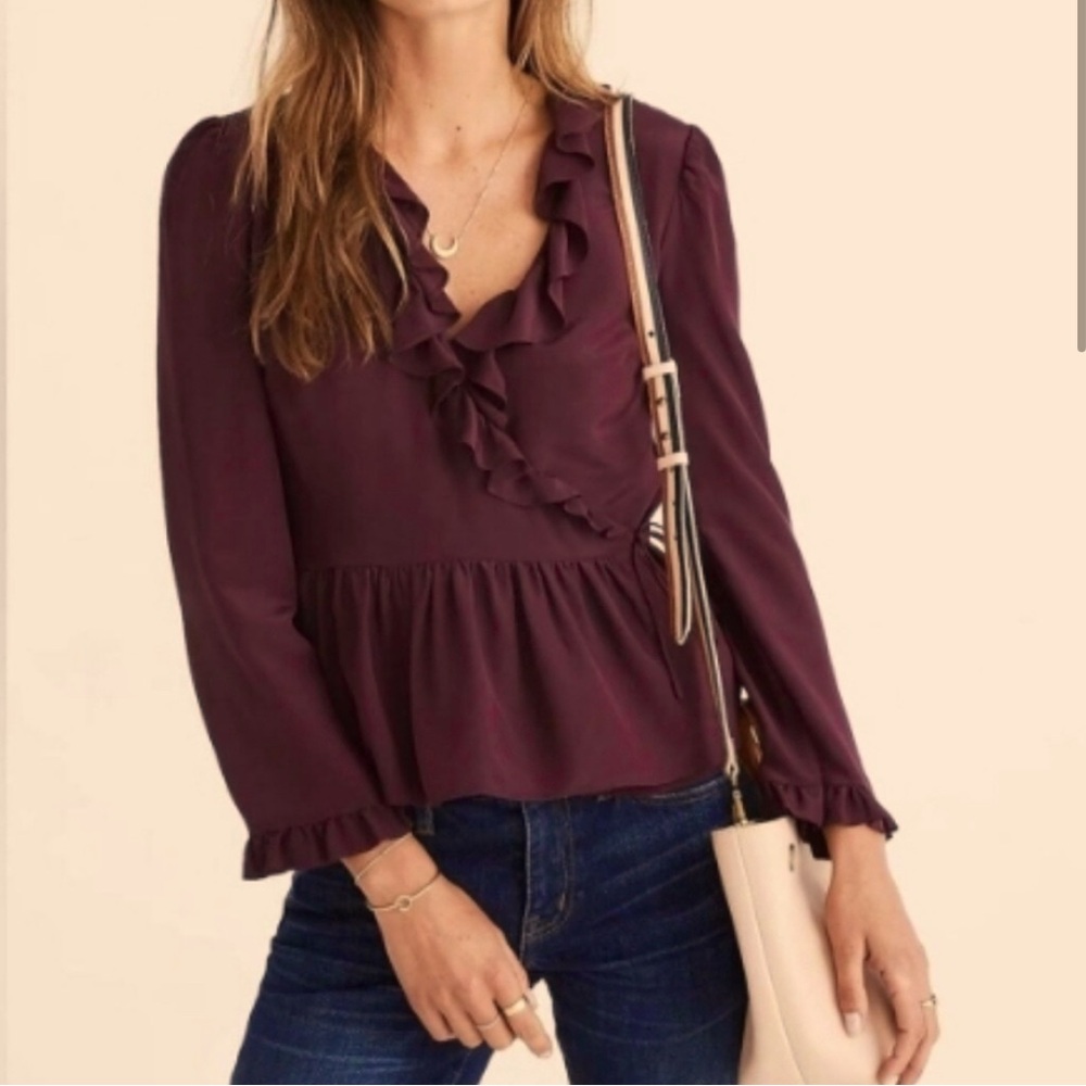 Madewell Silk Ruffle-Hem Wrap Top Size Medium in Burgundy